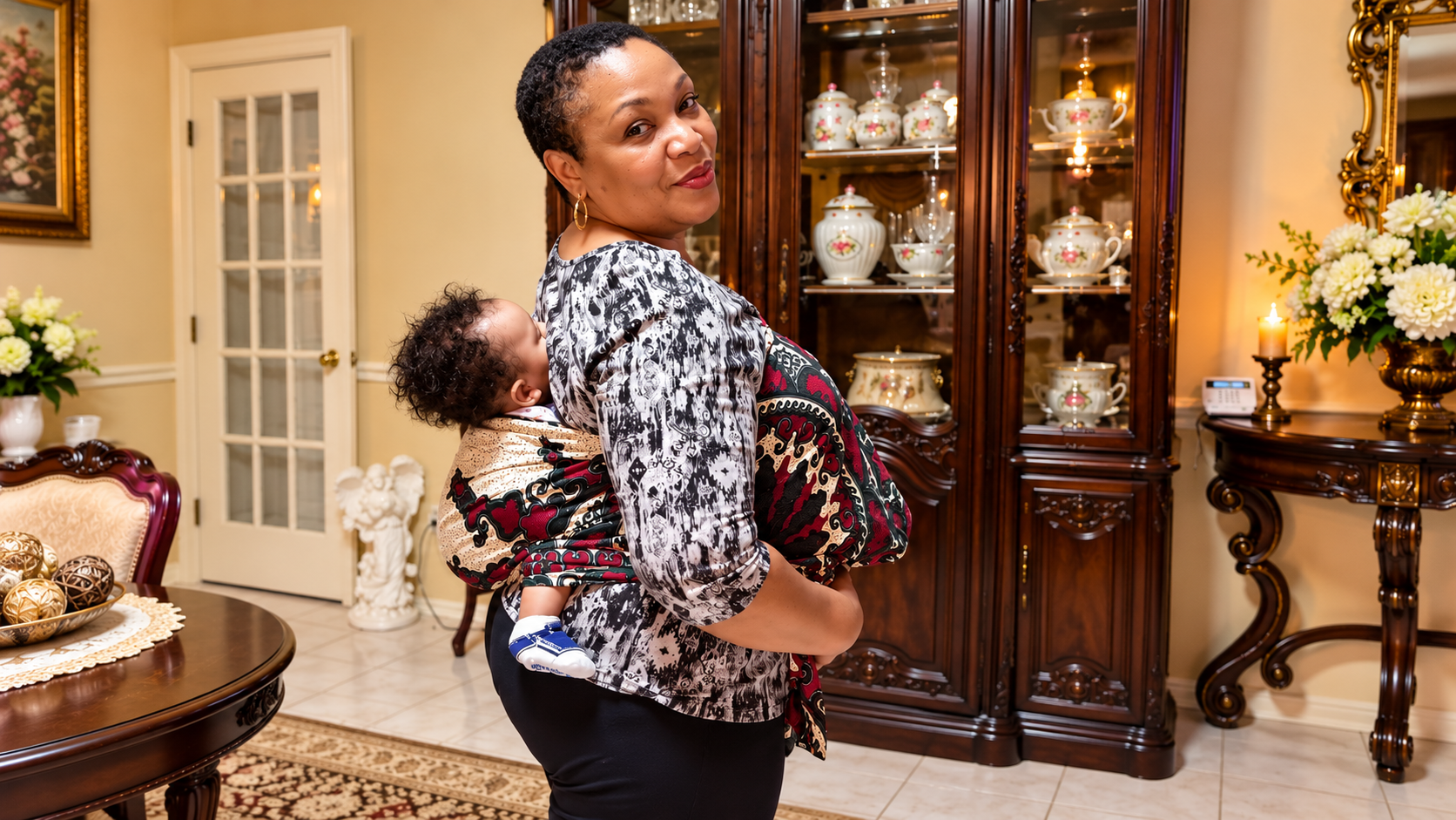 A loving African grandmother carries her baby grandson on her back in a traditional African wrap, capturing the special bond and joy of loving a grandchild.