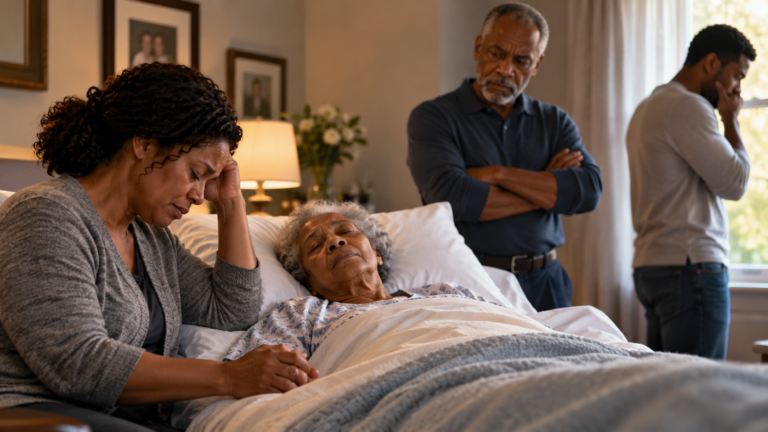 Family members experiencing different emotions around a loved one's bedside during end-of-life care.